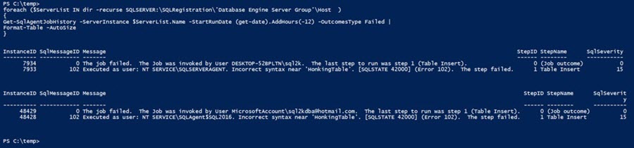 simple foreach loop to capture failed SQL Server Agent Jobs with PowerShell