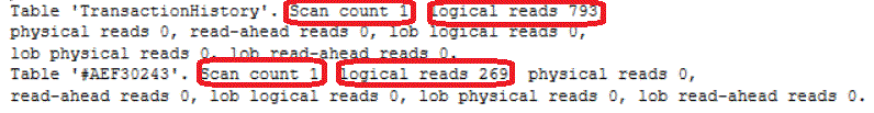 The query IO statistics in the 2453 trace flag case show us that 1 scan only was performed on the source table with 793 logical reads