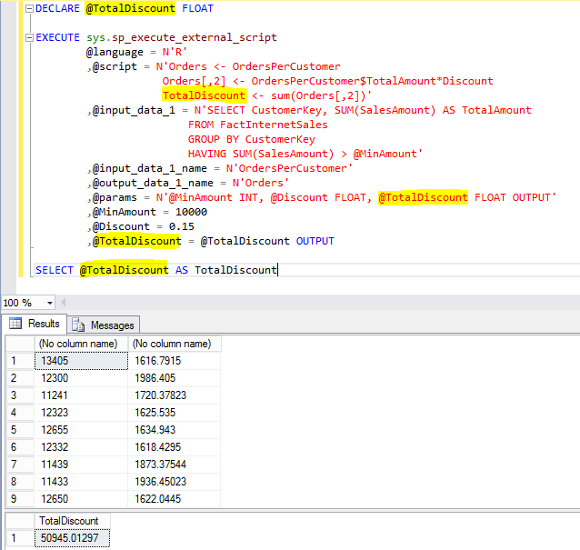 Output parameters example for the sp_execute_external_script stored procedure