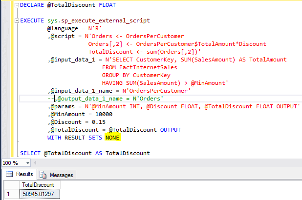 WITH RESULTS SET NONE example for the sp_execute_external_script stored procedure