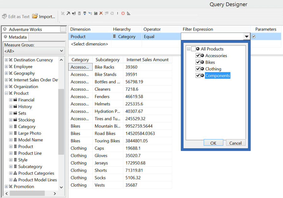 Create another dataset which will be used for SubCategory parameter