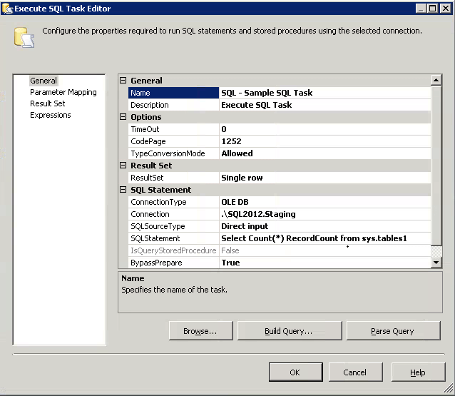 SSIS Package SQL Task With Invalid SQL Expression
