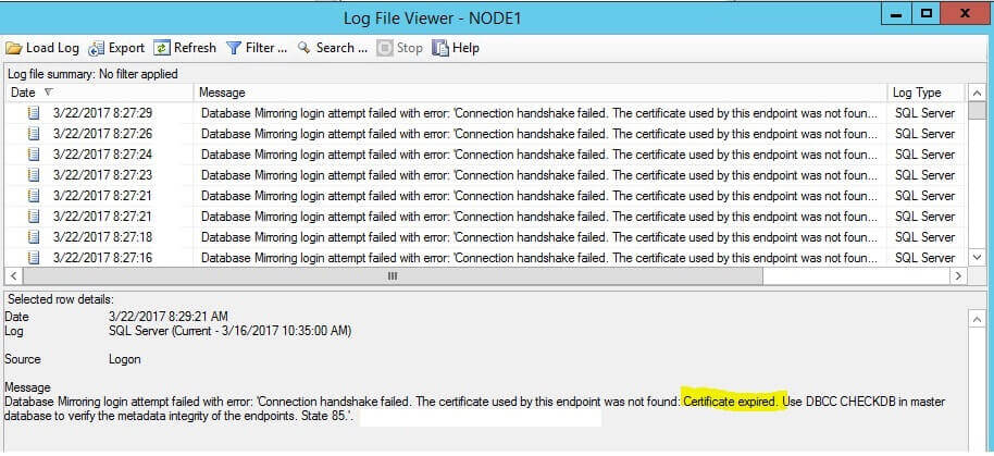 SQL Server Database Mirroring Expired Certificates Error Message
