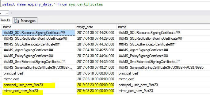 Querying the sys.certificates catalog view, you can view the new certificates and expiry_dates