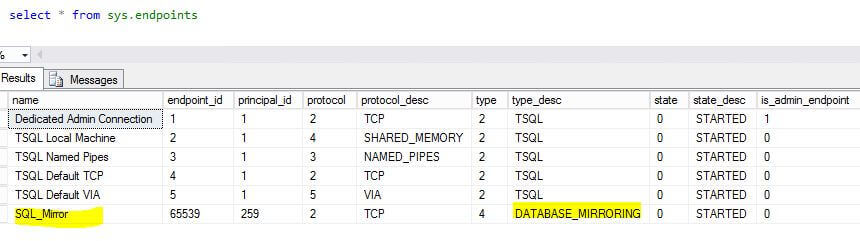 query the sys.endpoints catalog view to get details about the endpoint used for SQL Server database mirroring