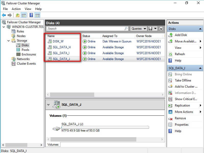 Updated disk drives in the Failover Cluster Manager