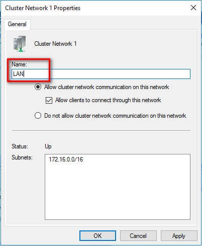  type the appropriate name for the cluster network resource in the Name textbox