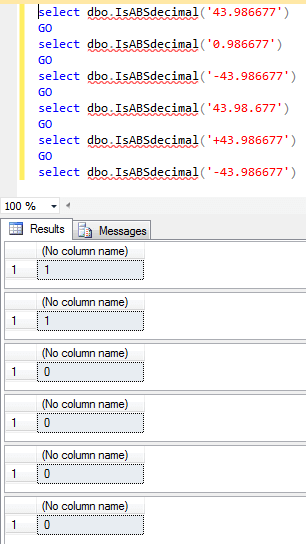 SQL Server dbo.IsABSDecimal User Defined Function Results