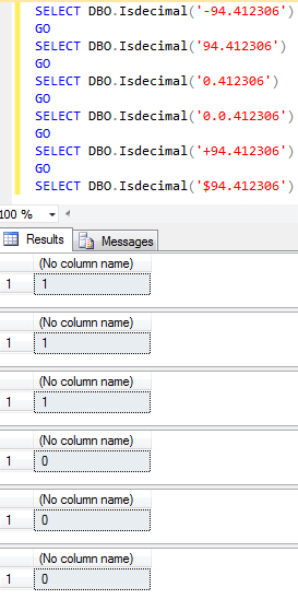 SQL Server dbo.IsDecimal User Defined Function Results