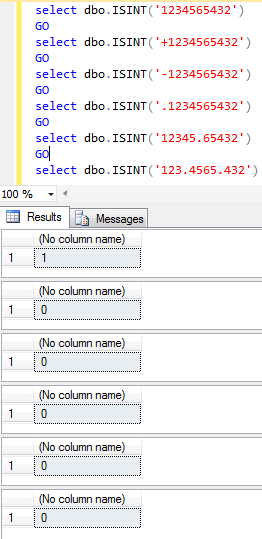SQL Server dbo.IsInt User Defined Function Results