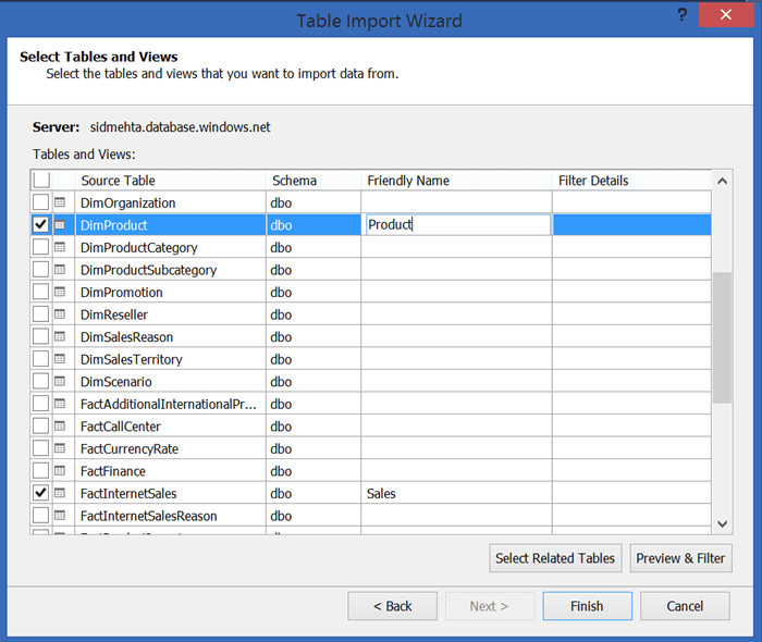 Select Tables for SSAS Azure