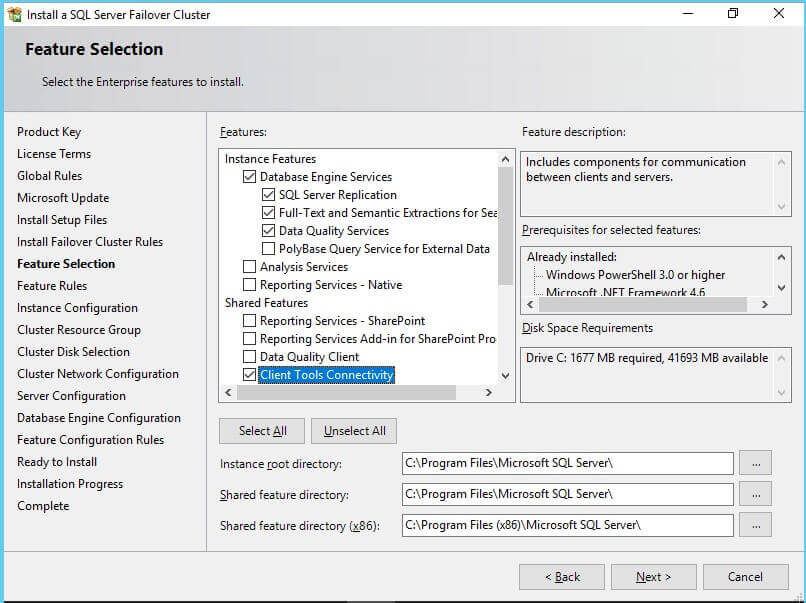 SQL Server Failover Cluster feature selection