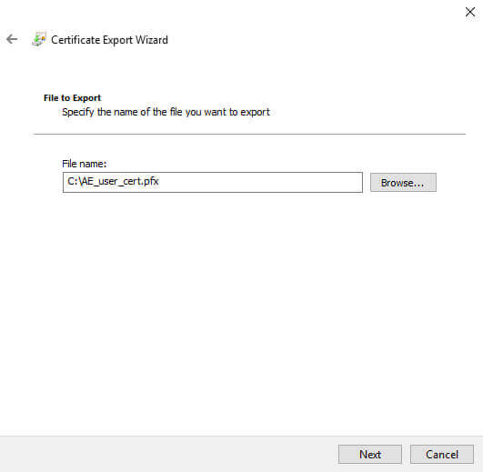 Certificate Manager Export Wizard file name