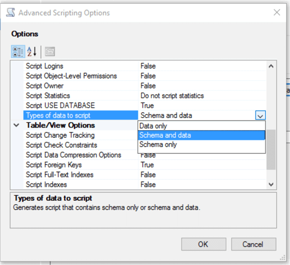 scripting options for Schema and Table in SQL Server Management Studio