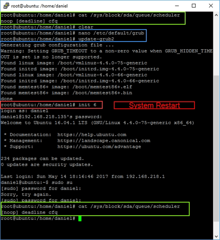 GRUB2 - Description: This screen capture shows the whole process of changing the I/O scheduler on the GRUB2 bootloader.