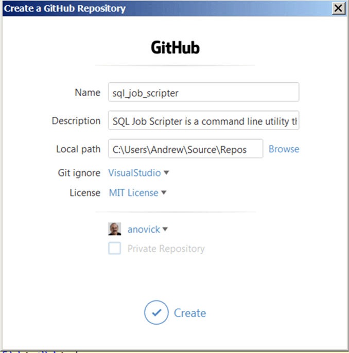 Visual Studio Create a GitHub Repository - Description: Creating the repository from Visual Studio&#xA;