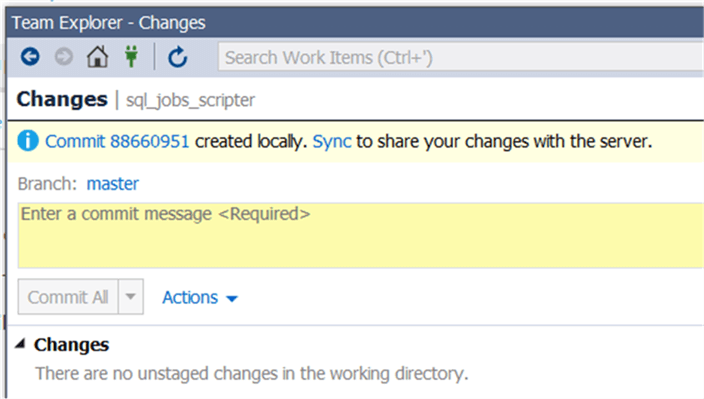 Team Explorer Sync window - Description: Sync to copy files up to GitHub&#xA;