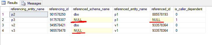 Query results - sys.sql_expression_dependencies DMV