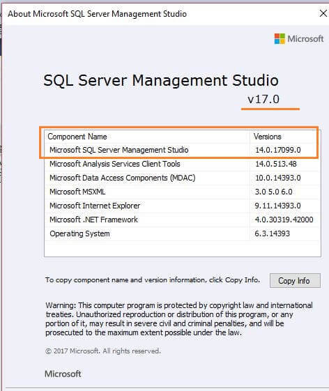SQL Server 2017 SSMS Versions