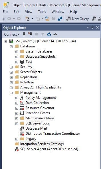 open the SQL Server Management Studio 17.0 and connect to the instance