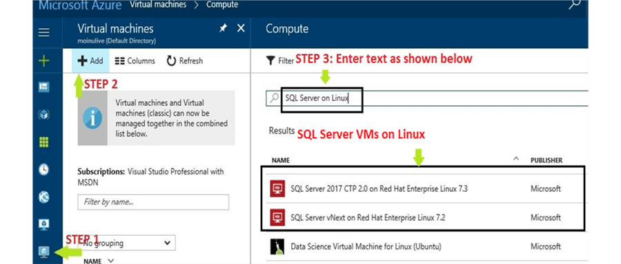 Steps to follow to search for SQL Server Linux template