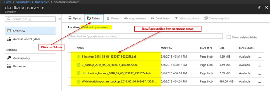 Backup files on Azure storage container