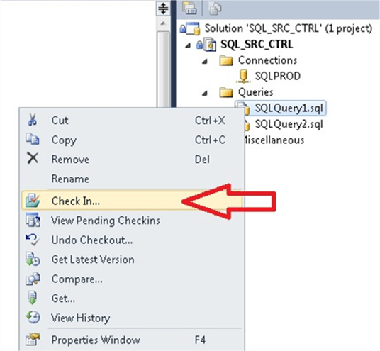 Check-in a file to Source Control in SSMS
