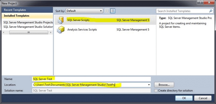 Project Creation in a SQL Server Management Studio
