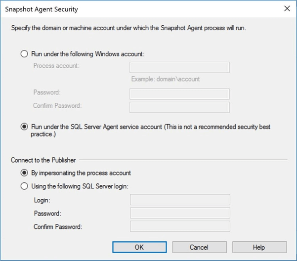 new publication wizard snapshot agent security