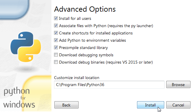 python 3.6.2 install advanced options