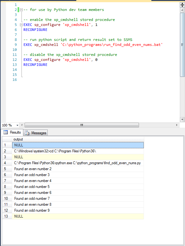 Code to enable xp_cmdshell, run the xp_cmdshell command and disable xp_cmdshell