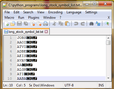 Ticker symbols file