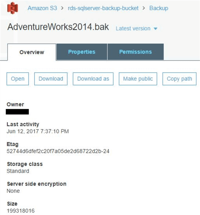 AdventureWorks Backup File copied to the S3 bucket