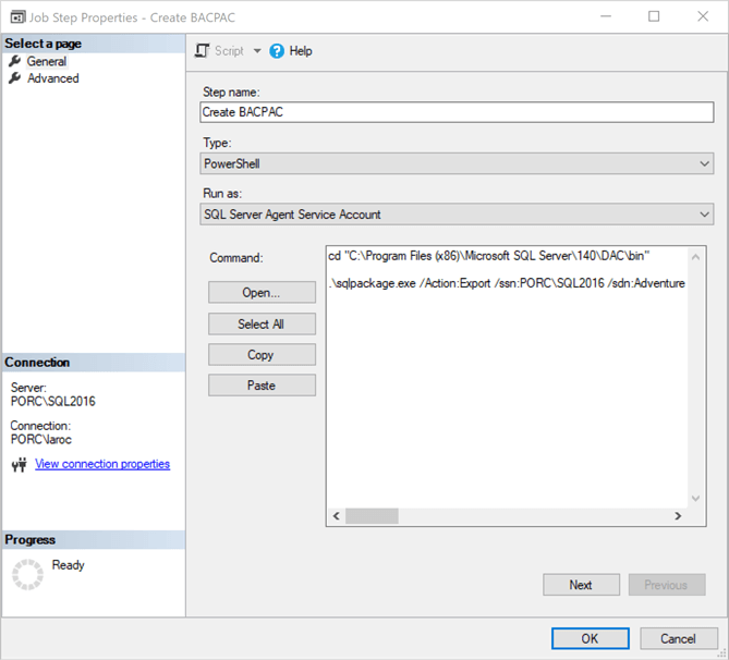 Create BACPAC in SQL Server Agent