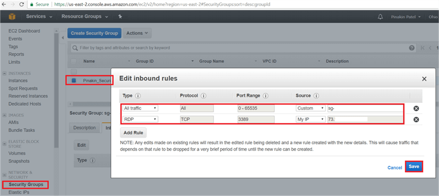 On Edit Inbound Rules dialog box, select type (open appropriate port) and put the security group id (this will allow your EC2 instance to communicate each other within security group assigned.  Click on Add rule to add extra row type (open appropriate) select RDP and in source select my IP (to open secure RDP connection for your EC2 instance server) then click save. - Description: On Edit Inbound Rules dialog box, select type (open appropriate port) and put the security group id (this will allow your EC2 instance to communicate each other within security group assigned.  Click on Add rule to add extra row type (open appropriate) select RDP and in source select my IP (to open secure RDP connection for your EC2 instance server) then click save.