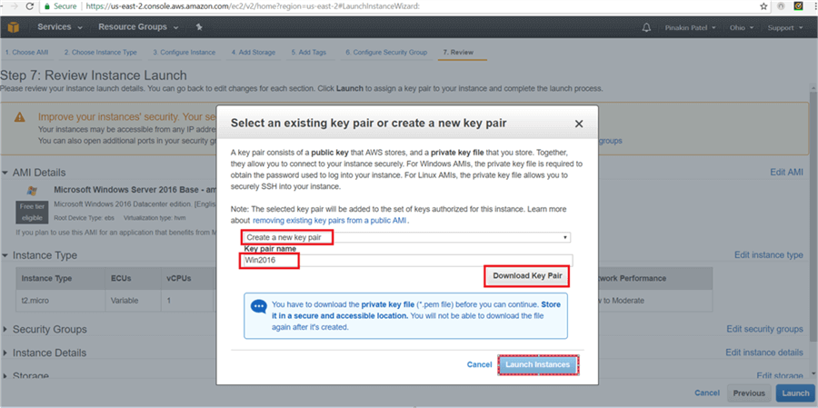 On Select an existing key pair or create a new key pair dialog box  click on create new key pair or select an existing key pair and give key pair name and click on download to download key pair. (Save the key pair in secured location). Hit Launch Instance. - Description: On Select an existing key pair or create a new key pair dialog box  click on create new key pair or select an existing key pair and give key pair name and click on download to download key pair. (Save the key pair in secured location). Hit Launch Instance.