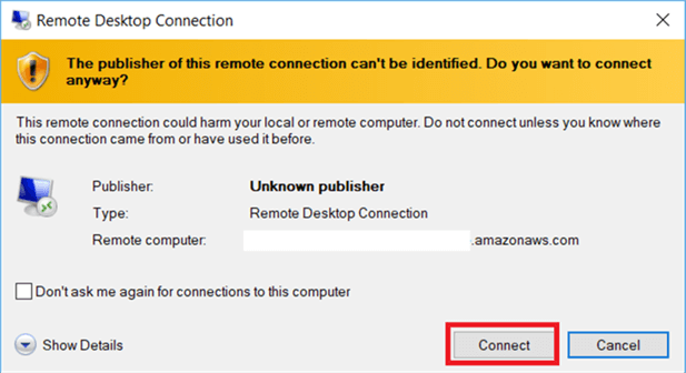 Double click on Downloaded Remote Desktop File and add the credential and hit Connect.  - Description: Double click on Downloaded Remote Desktop File and add the credential and hit Connect. 