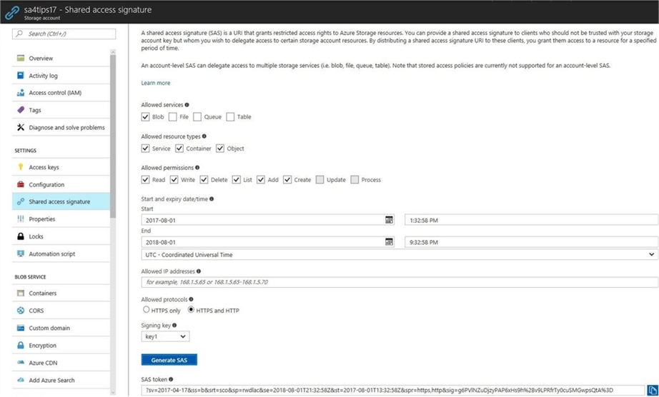 Azure Portal - Storage Account - Description: Creating a shared acccess signature (SAS) token.