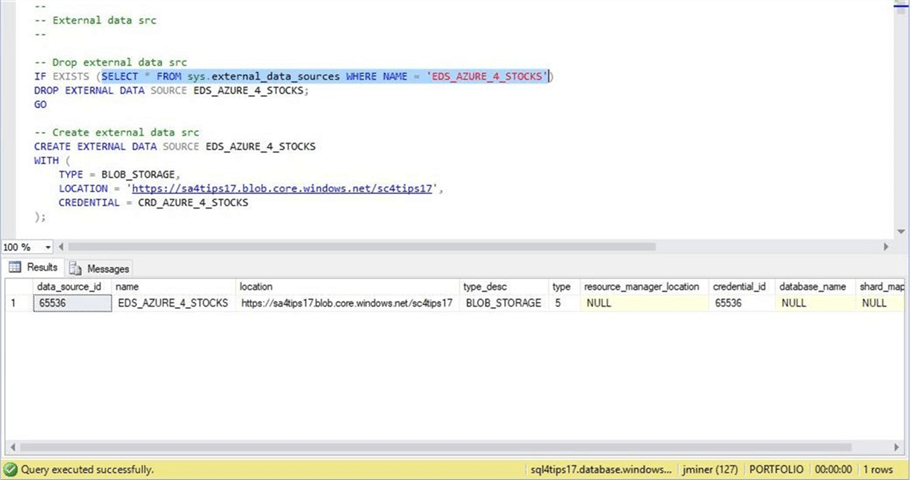 SSMS - External Data Source - Description: Using the credential to define the external data source.
