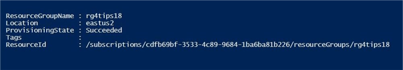 Azure SQL DW & PolyBase - Resource Group - Description: Screen shot from PowerShell ISE showing Azure resource group.