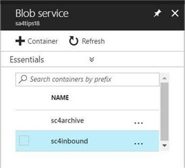 Azure SQL DW & PolyBase - Blob Services - Description: Screen shot from Azure Portal showing the two containers in the storage account.