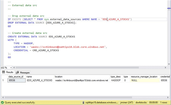 Azure SQL DW & PolyBase - External Data Source - Description: Screen shot from SSMS showing the external data source.