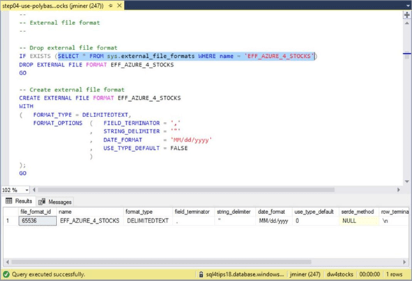 Azure SQL DW & PolyBase - External File Format - Description: Screen shot from SSMS showing the external file format.