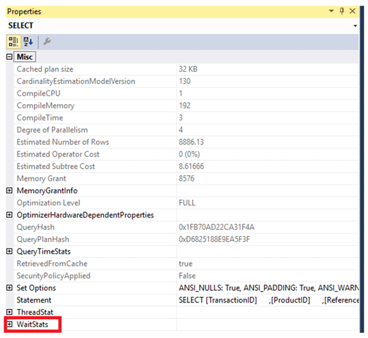 SQL Server WaitStats Properties for the SELECT statement