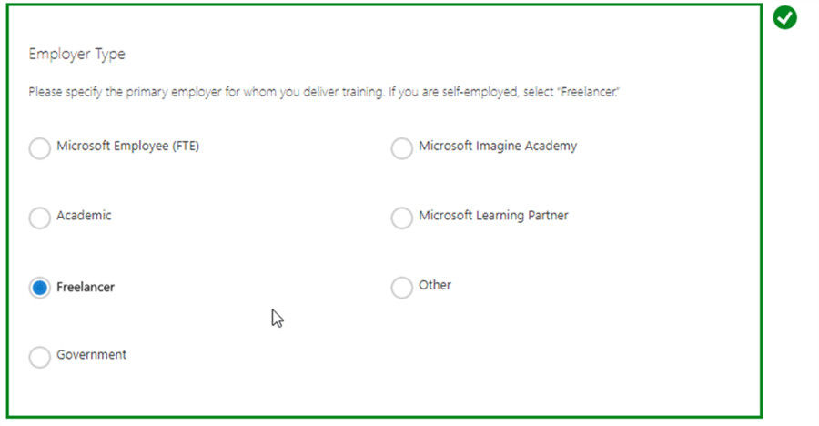 Employee Type for Registerting as a Microsoft Certified Trainer