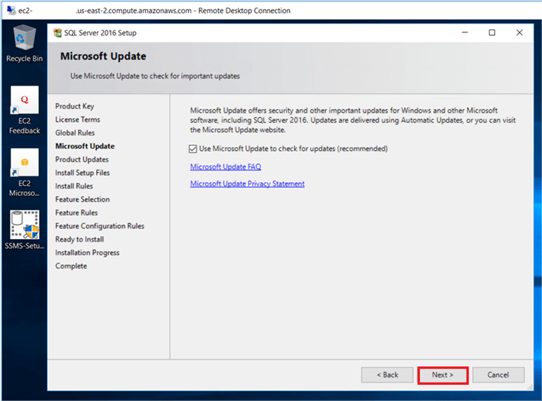 On the Microsoft Update dialog box, you have the option to include SQL server product updates like service packs and cumulative updates in the installation process or you can download the service pack and cumulative update and store on share network and run the Setup.exe. - Description: On the Microsoft Update dialog box, you have the option to include SQL server product updates like service packs and cumulative updates in the installation process or you can download the service pack and cumulative update and store on share network and run the Setup.exe.