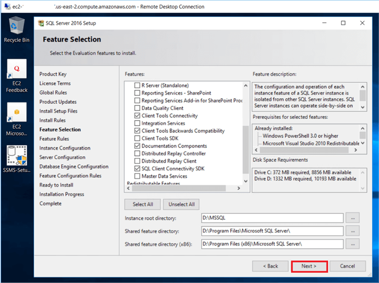 On the Feature Selection dialog box, select the following instance features Database Engine Services, SQL server replication and shared features client tools connectivity as per you requirement and click Next. - Description: On the Feature Selection dialog box, select the following instance features Database Engine Services, SQL server replication and shared features client tools connectivity as per you requirement and click Next.&#xA;The SQL Server Management Studio is no longer included in the SQL Server 2016 installation media and has to be downloaded separately and then install.&#xA;&#xA;On the Feature Selection dialog box, the instance root directory and share feature on D$ drive volume.&#xA;