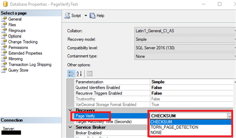 SQL Server Page Verify Option in Management Studio
