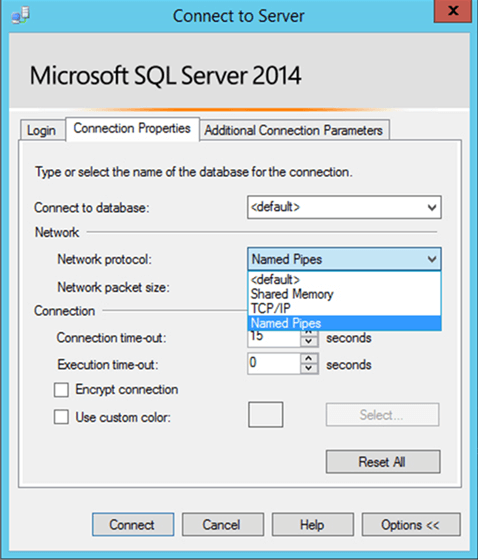 SQL Server Management Studio Login Screen - Description: With SSMS you can select connection protocol with a combo box.