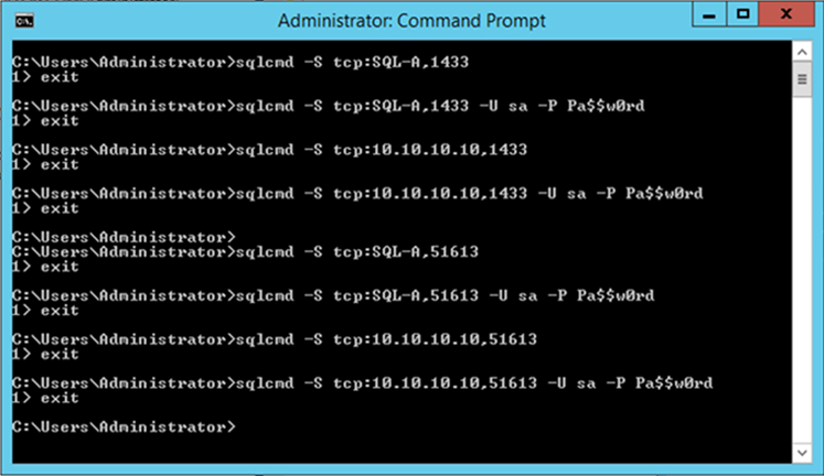 Connect to SQL Server using TCP/IP with sqlcmd - Description: This screen capture shows how to connect to a specific port name using TCP/IP protocol.